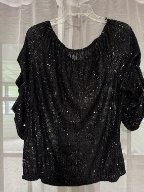 Vince Camuto Black Sequin Ruffle Sleeve Top